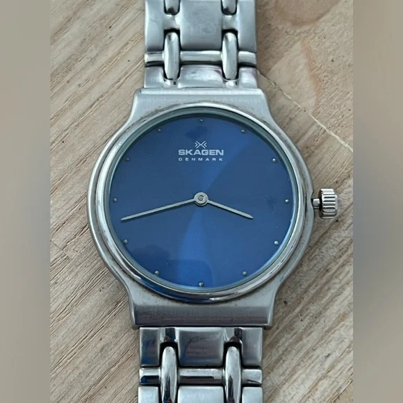 Skagen Steel Watch Blue Dial Stain Case, Bracelet, Hands, Markers